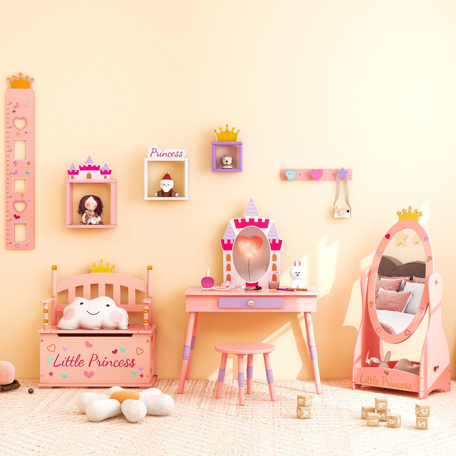 Kids Princess Vanity Table and Stool Set with Drawer and Mirror, Pink Kids Vanities   at Gallery Canada