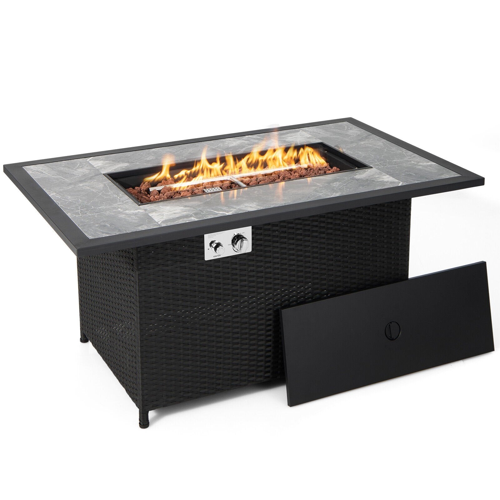 52 Inch Rattan Wicker Propane Fire Pit Table with Rain Cover and Lava Rock, Black Fire Pit Tables   at Gallery Canada