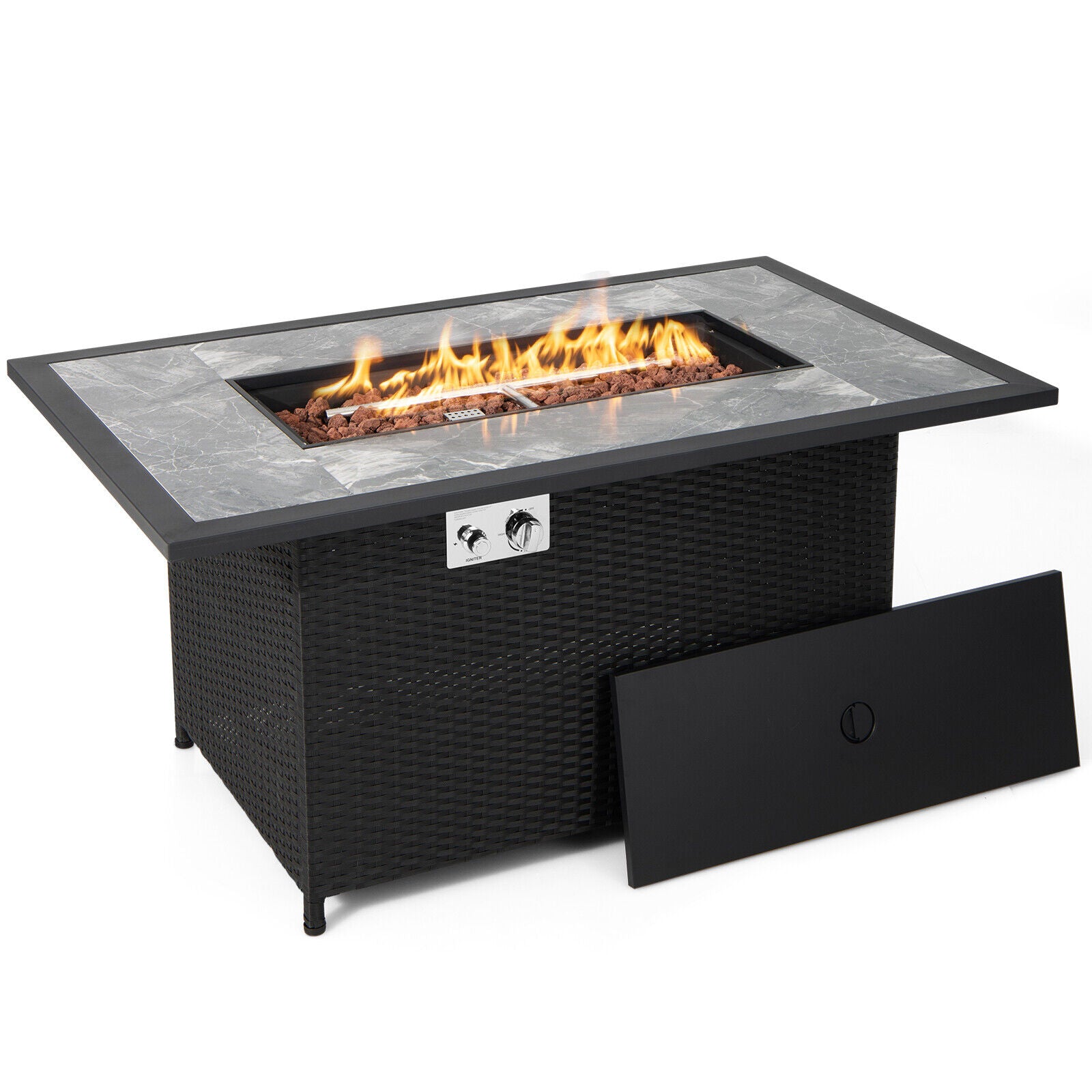 52 Inch Rattan Wicker Propane Fire Pit Table with Rain Cover and Lava Rock, Black Fire Pit Tables at Gallery Canada