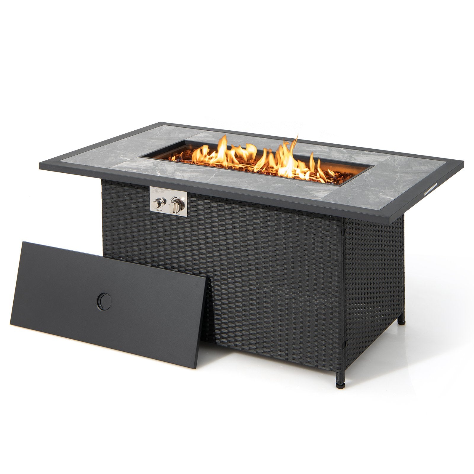 52 Inch Rattan Wicker Propane Fire Pit Table with Rain Cover and Lava Rock, Black Fire Pit Tables   at Gallery Canada