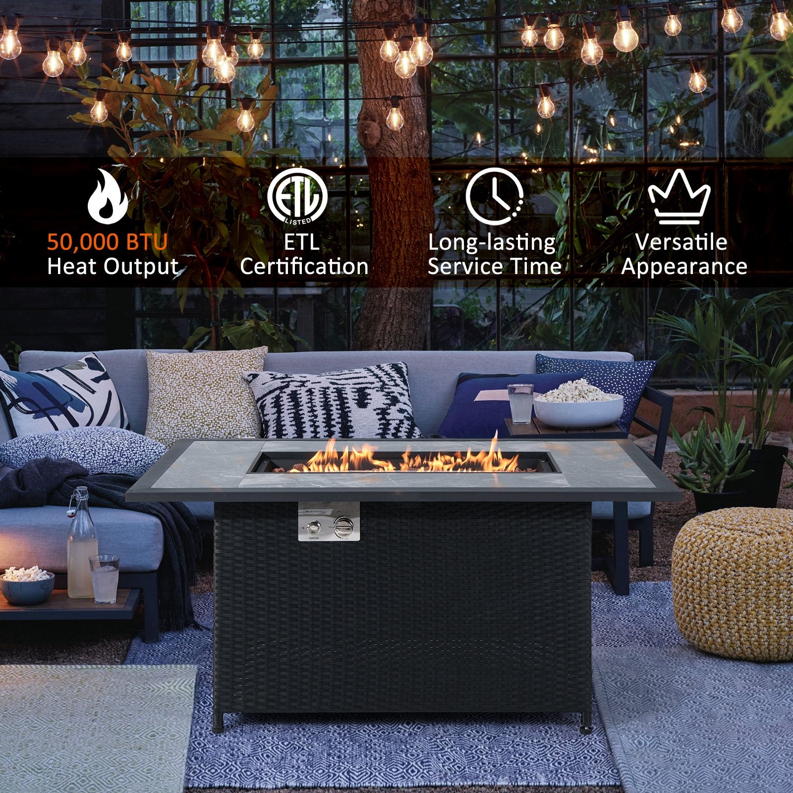 52 Inch Rattan Wicker Propane Fire Pit Table with Rain Cover and Lava Rock, Black Fire Pit Tables   at Gallery Canada