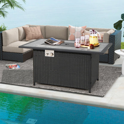 52 Inch Rattan Wicker Propane Fire Pit Table with Rain Cover and Lava Rock, Black Fire Pit Tables   at Gallery Canada