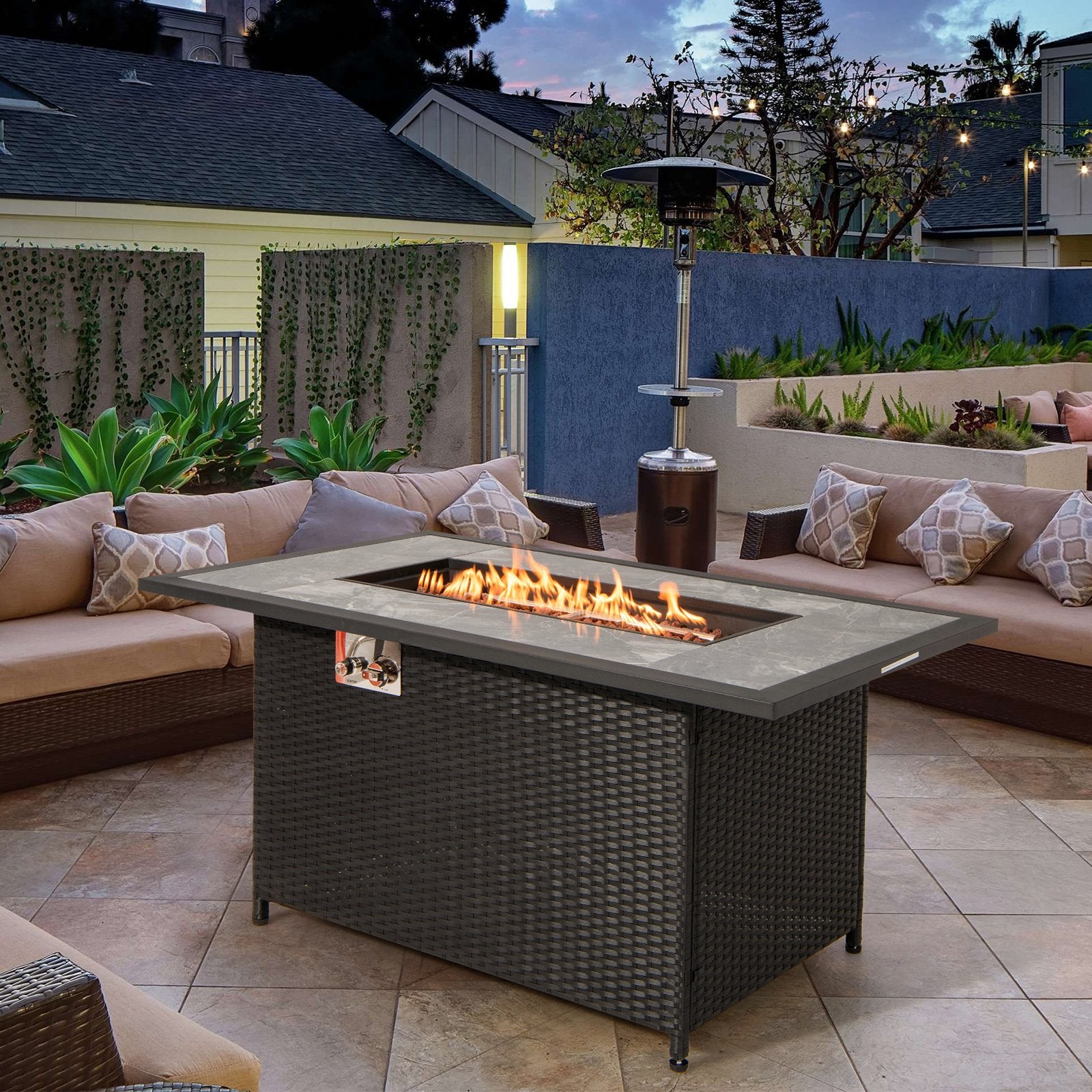 52 Inch Rattan Wicker Propane Fire Pit Table with Rain Cover and Lava Rock, Black Fire Pit Tables   at Gallery Canada