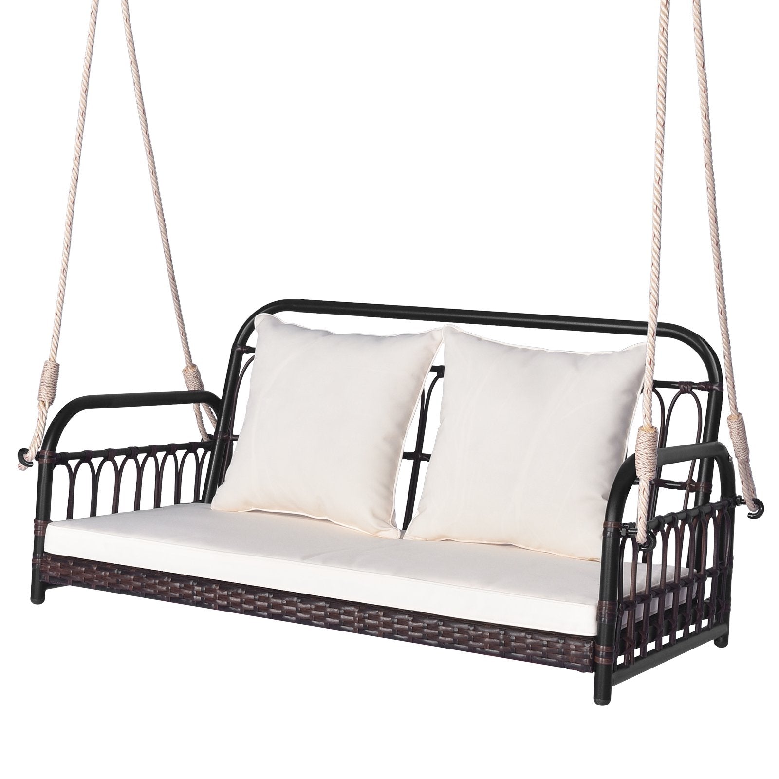 880LBS Wicker Hanging Porch Swing with Cushions, White Porch Swings   at Gallery Canada