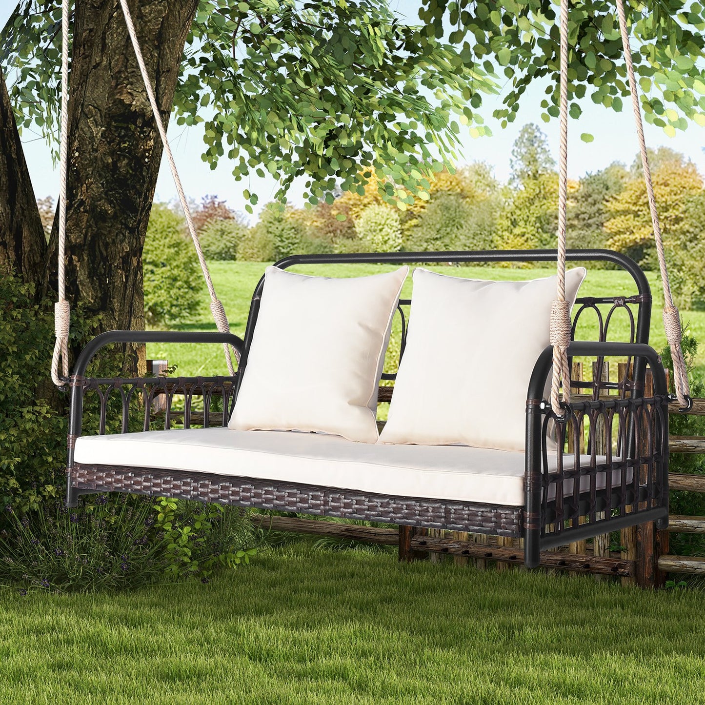 880LBS Wicker Hanging Porch Swing with Cushions, White Porch Swings   at Gallery Canada