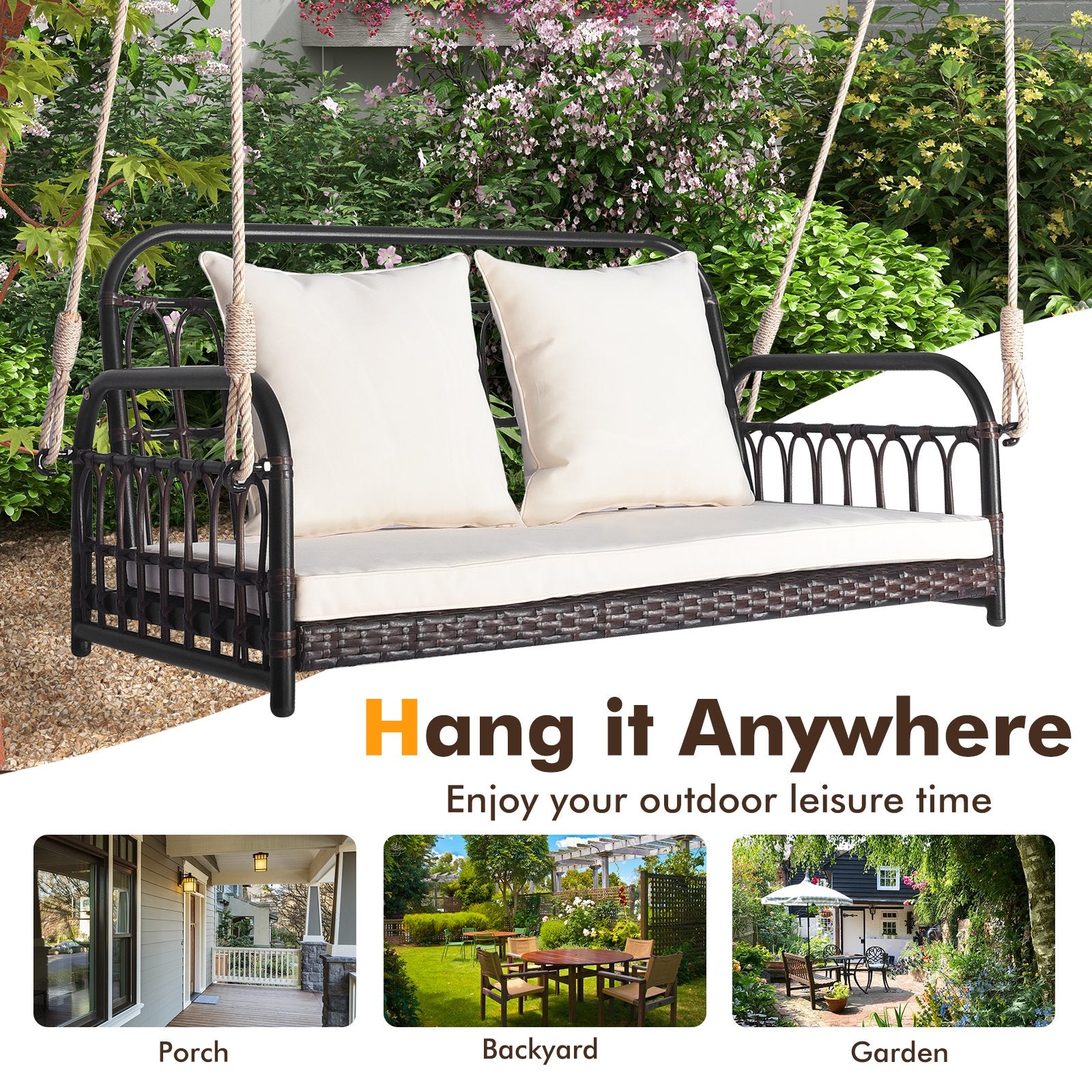 880LBS Wicker Hanging Porch Swing with Cushions, White Porch Swings   at Gallery Canada