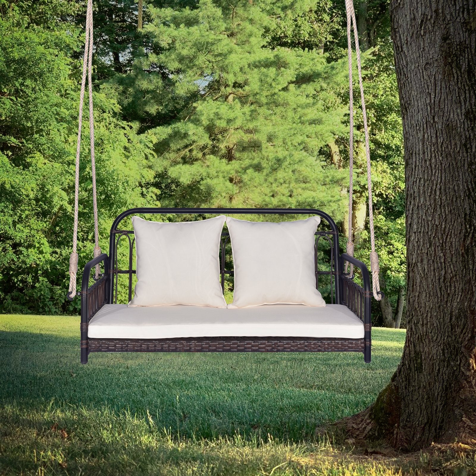 880LBS Wicker Hanging Porch Swing with Cushions, White Porch Swings   at Gallery Canada