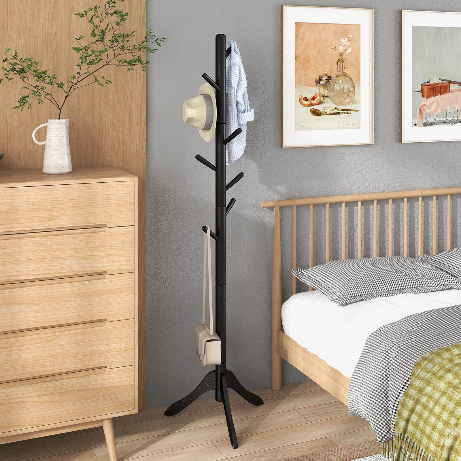 Adjustable Wooden Tree Coat Rack with 8 Hooks, Black Coat Racks & Hall Trees   at Gallery Canada