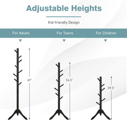 Adjustable Wooden Tree Coat Rack with 8 Hooks, Black Coat Racks & Hall Trees   at Gallery Canada