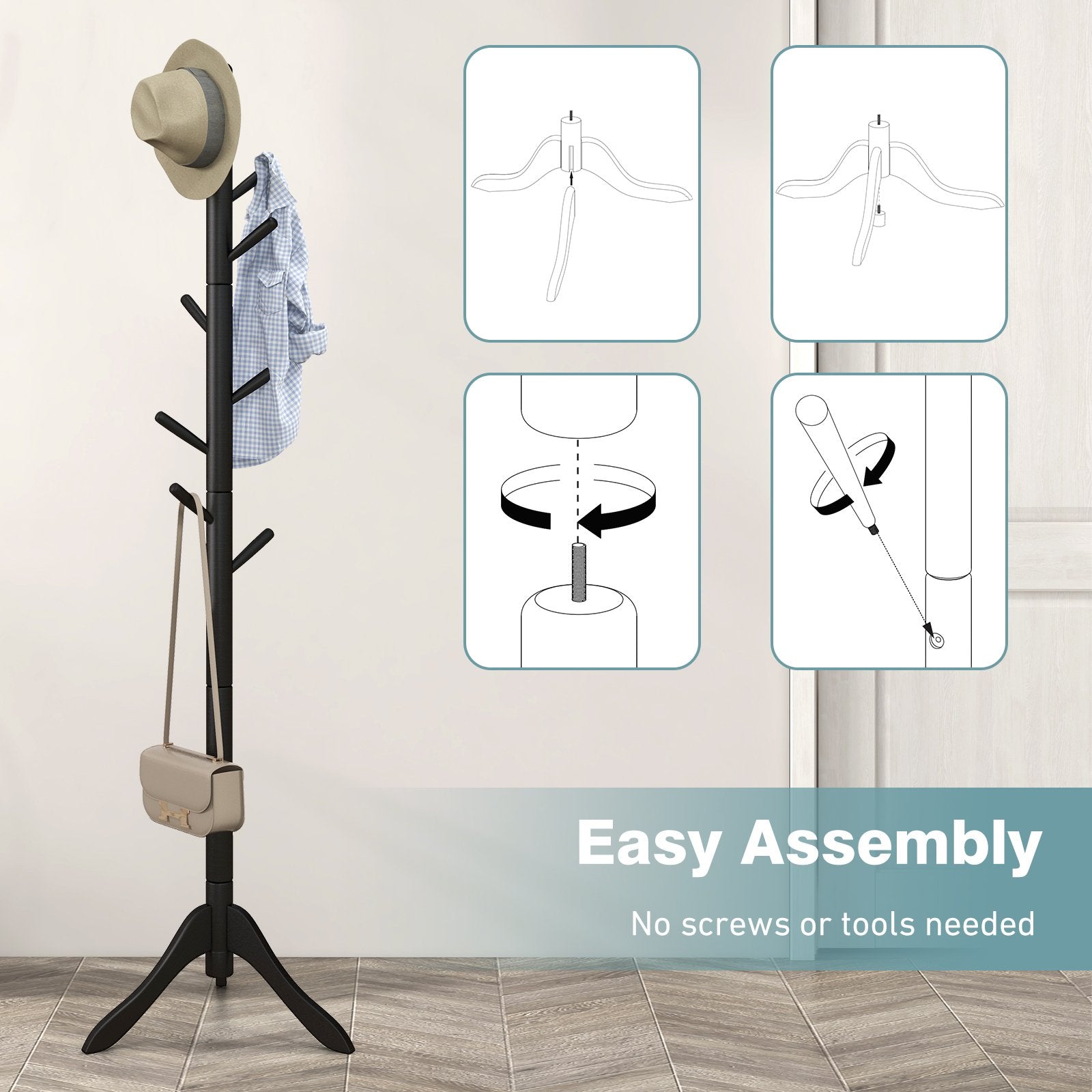 Adjustable Wooden Tree Coat Rack with 8 Hooks, Black Coat Racks & Hall Trees   at Gallery Canada