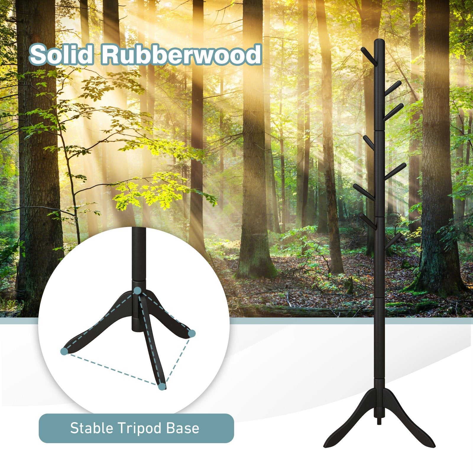 Adjustable Wooden Tree Coat Rack with 8 Hooks, Black Coat Racks & Hall Trees   at Gallery Canada