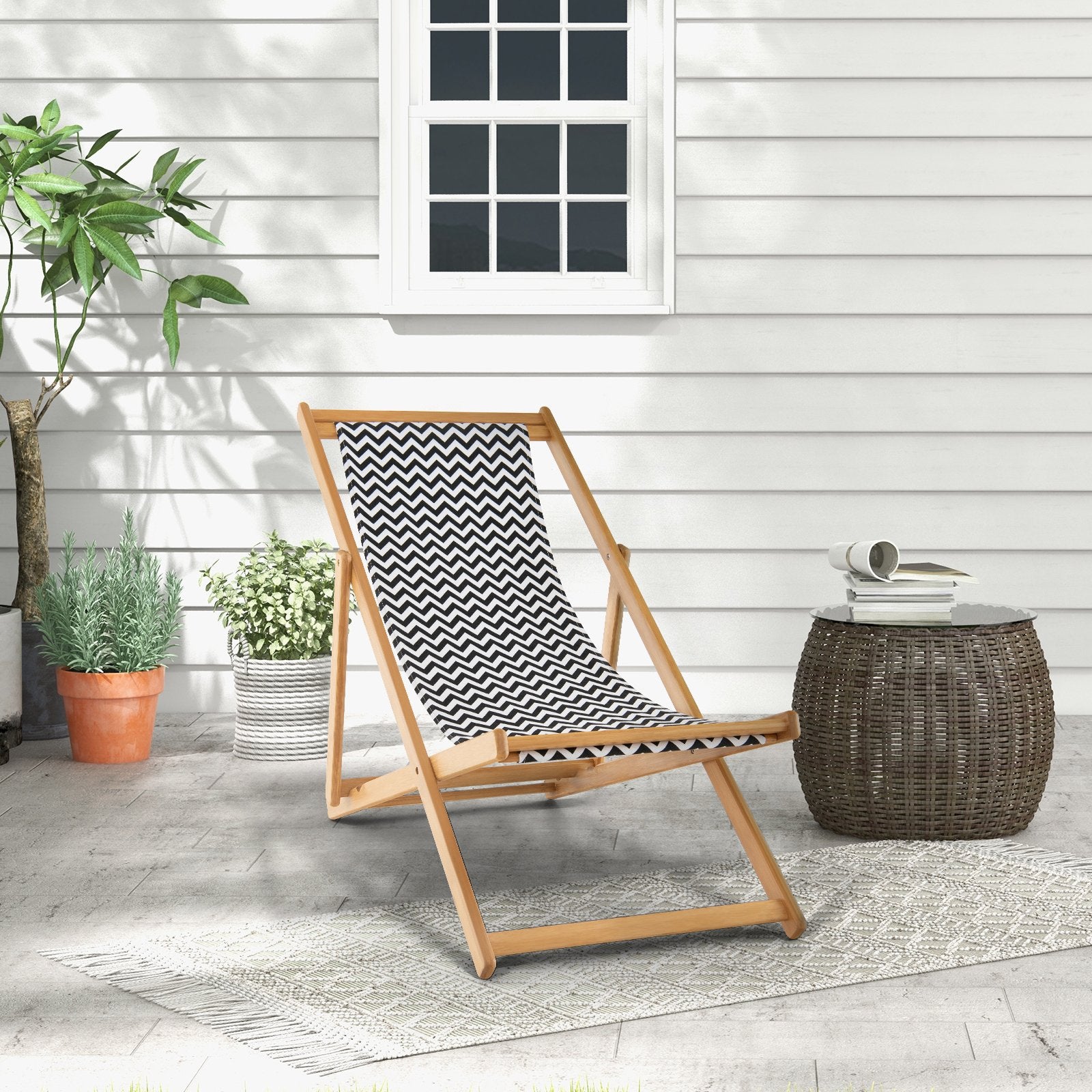 Folding Bamboo Sling Chair with Adjustable Backrest and Canvas, Natural Outdoor Chaise Lounges   at Gallery Canada