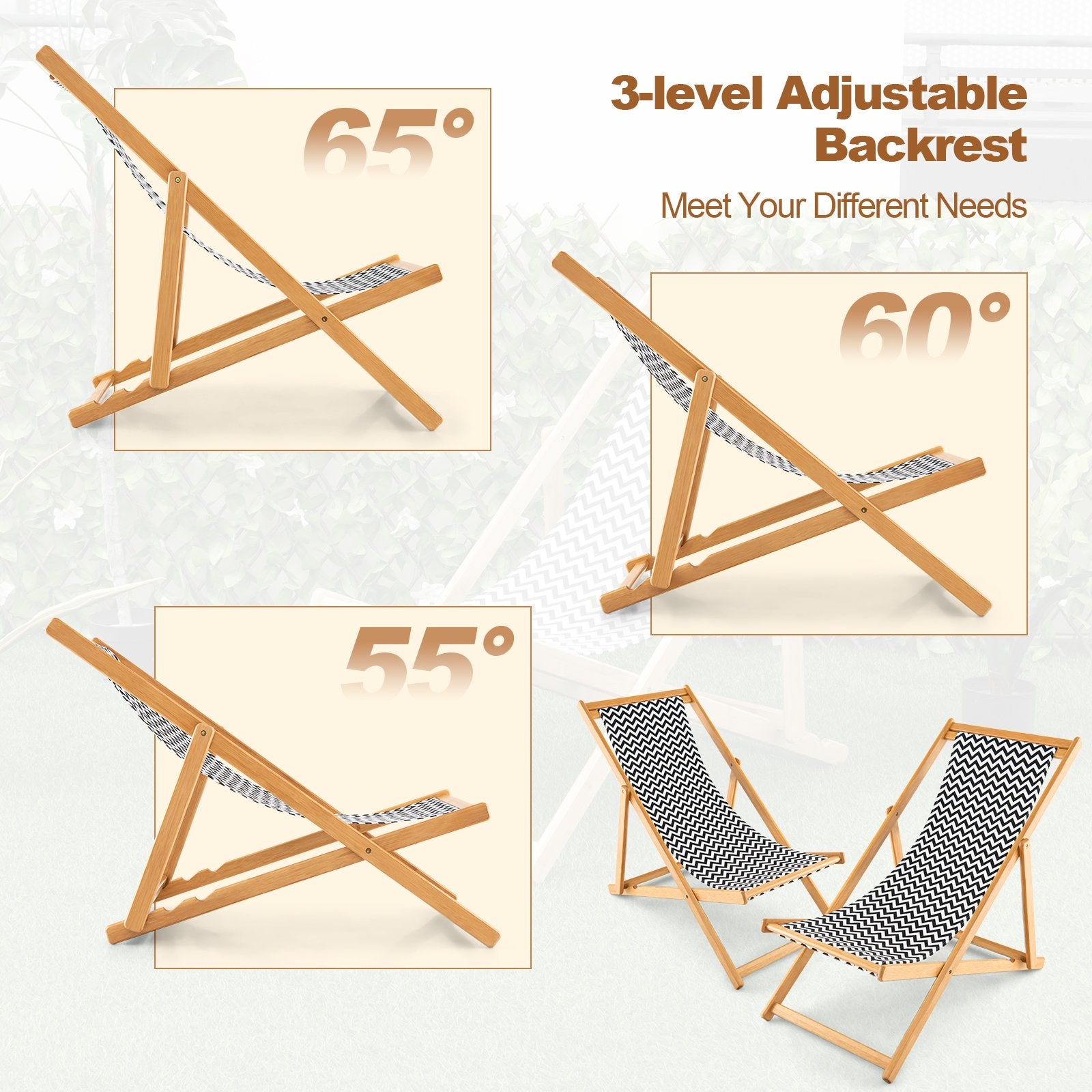 Folding Bamboo Sling Chair with Adjustable Backrest and Canvas, Natural Outdoor Chaise Lounges   at Gallery Canada