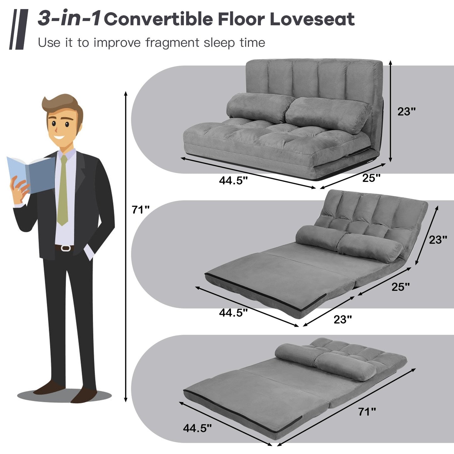 Foldable Floor 6-Position Adjustable Lounge Couch, Gray Floor Chairs   at Gallery Canada