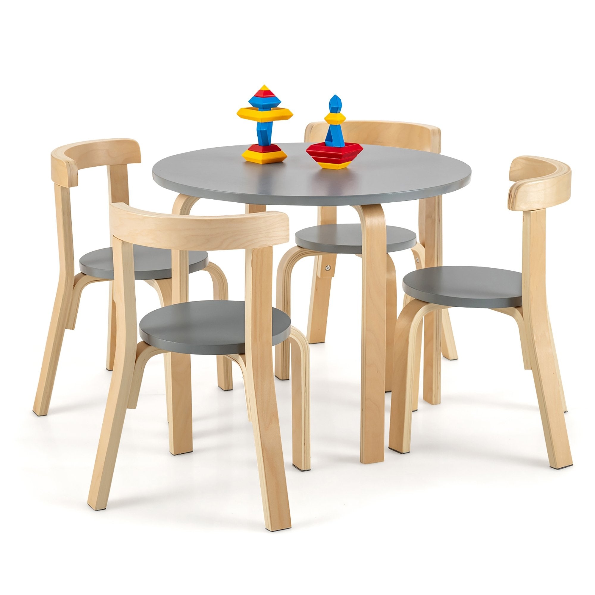 5-Piece Kids Wooden Curved Back Activity Table and Chair Set with Toy Bricks, Gray Kids Table & Chair Sets   at Gallery Canada