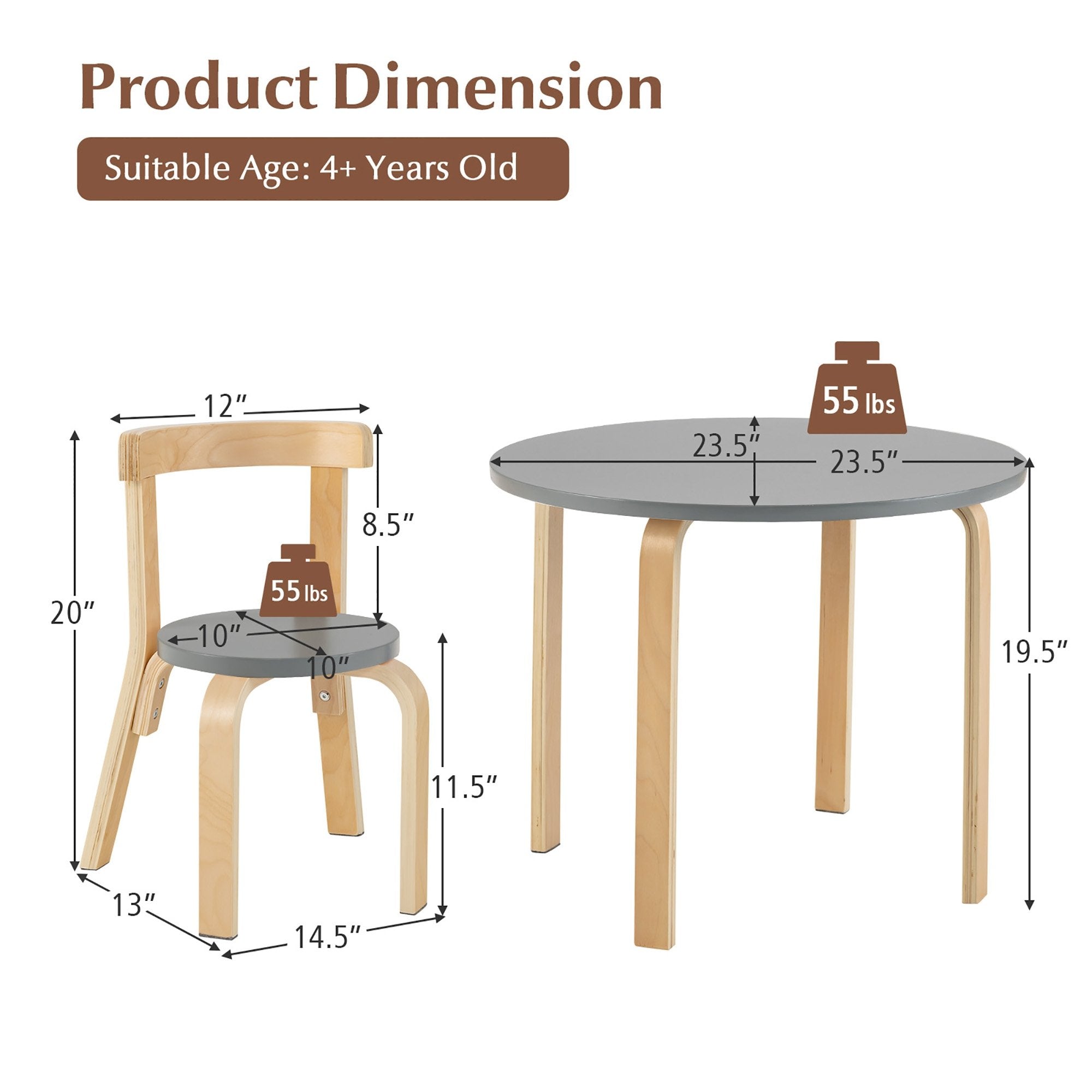 5-Piece Kids Wooden Curved Back Activity Table and Chair Set with Toy Bricks, Gray Kids Table & Chair Sets   at Gallery Canada