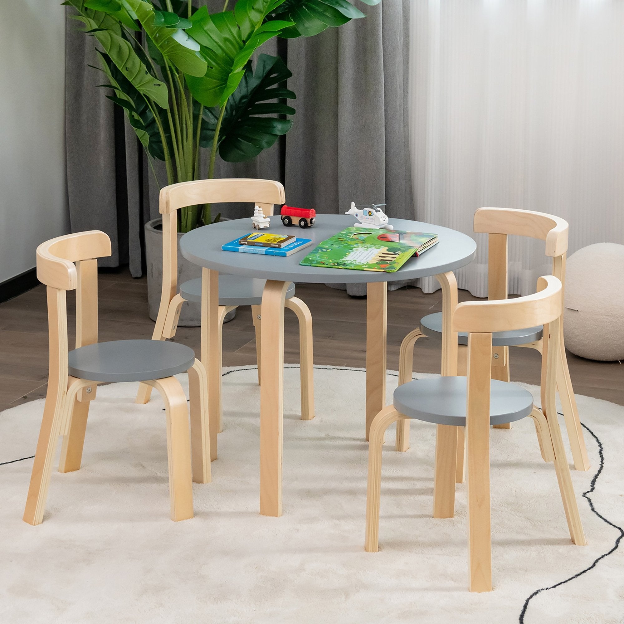 5-Piece Kids Wooden Curved Back Activity Table and Chair Set with Toy Bricks, Gray Kids Table & Chair Sets   at Gallery Canada