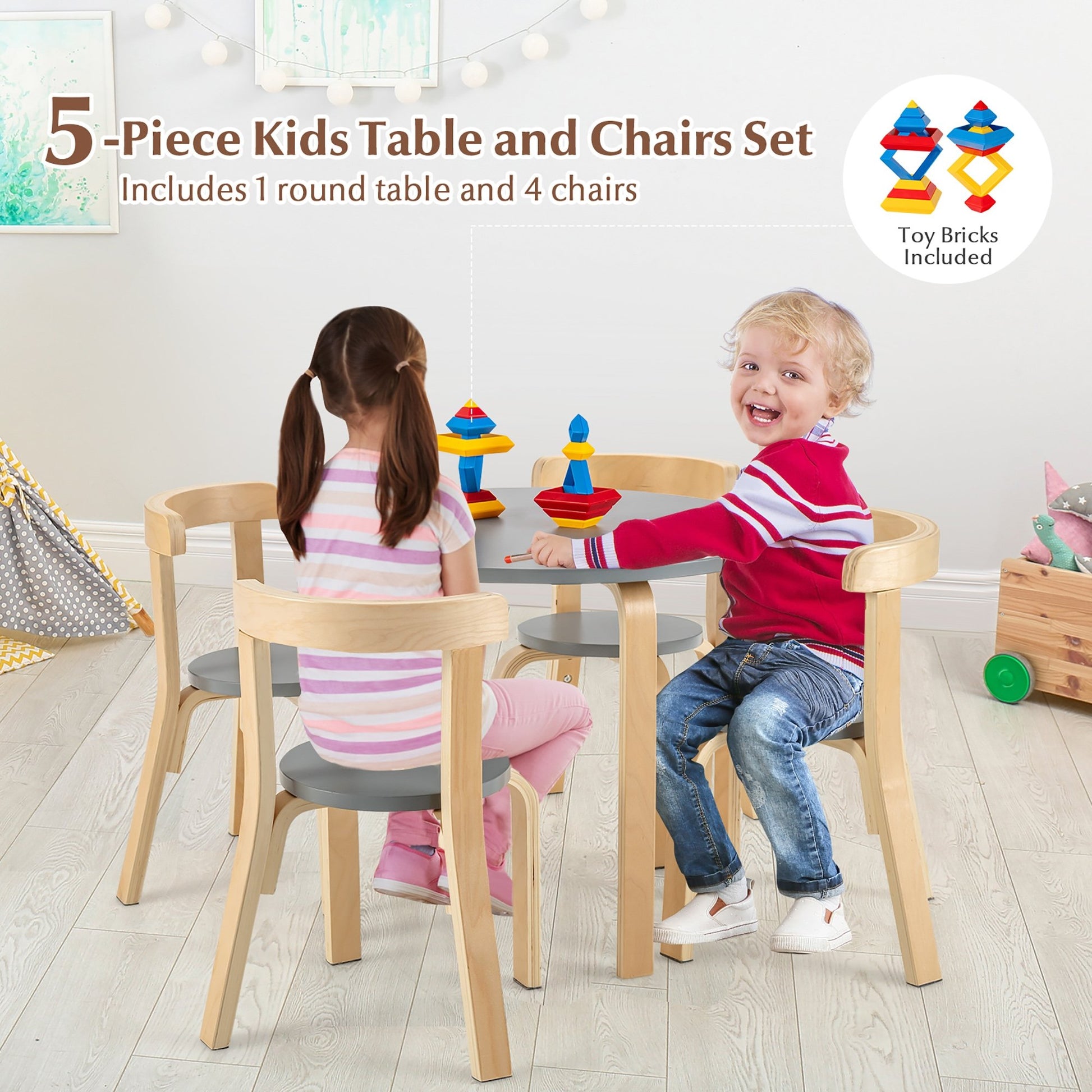 5-Piece Kids Wooden Curved Back Activity Table and Chair Set with Toy Bricks, Gray Kids Table & Chair Sets   at Gallery Canada