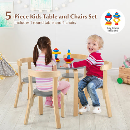 5-Piece Kids Wooden Curved Back Activity Table and Chair Set with Toy Bricks, Gray - Gallery Canada
