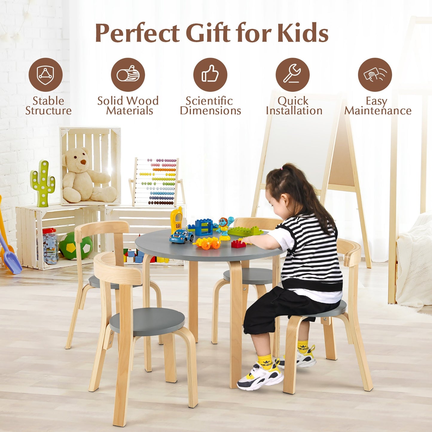 5-Piece Kids Wooden Curved Back Activity Table and Chair Set with Toy Bricks, Gray Kids Table & Chair Sets   at Gallery Canada