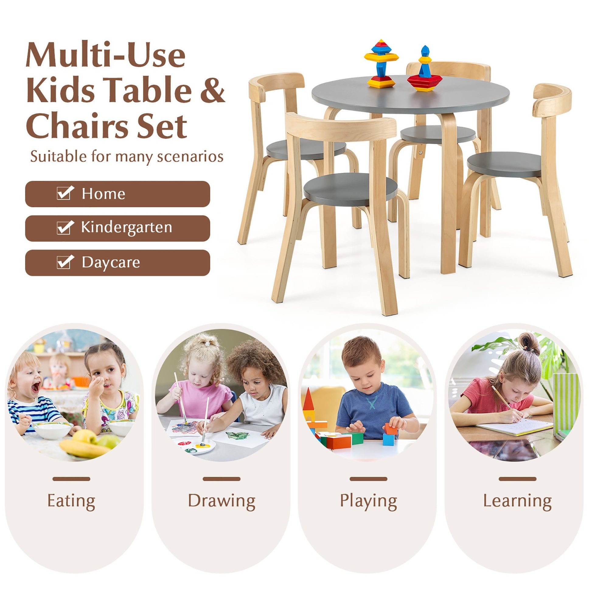 5-Piece Kids Wooden Curved Back Activity Table and Chair Set with Toy Bricks, Gray Kids Table & Chair Sets   at Gallery Canada