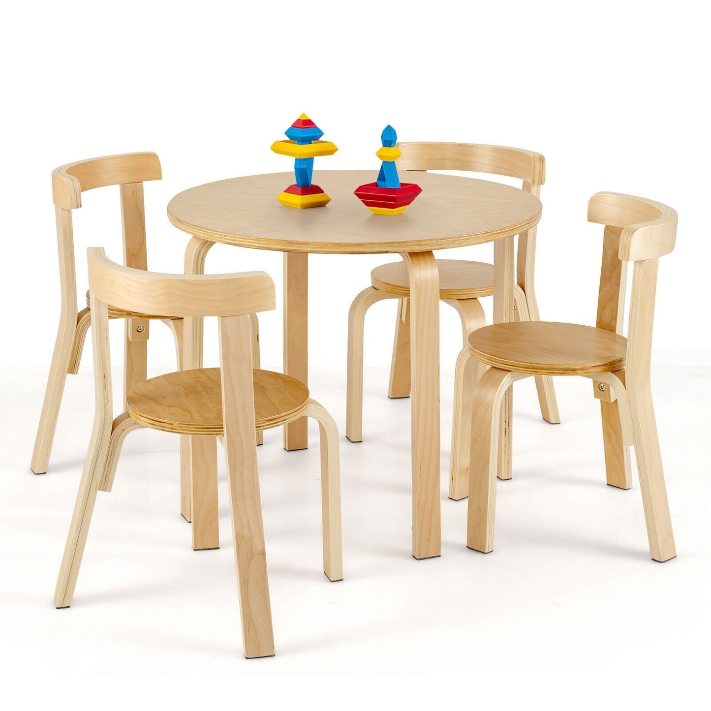 5-Piece Kids Wooden Curved Back Activity Table and Chair Set with Toy Bricks, Natural Kids Table & Chair Sets   at Gallery Canada