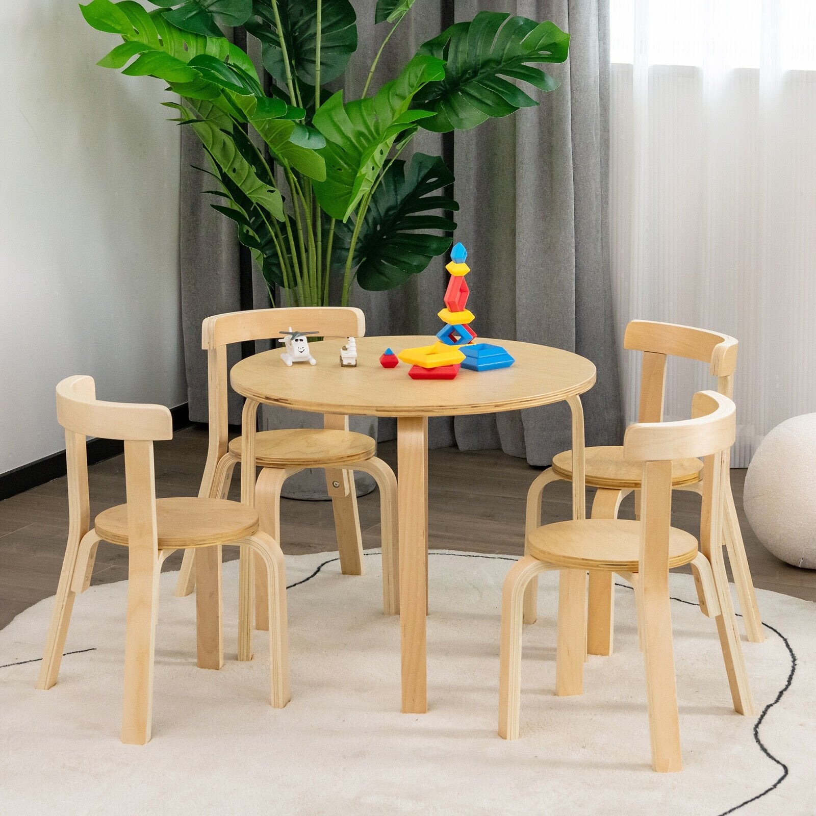 5-Piece Kids Wooden Curved Back Activity Table and Chair Set with Toy Bricks, Natural Kids Table & Chair Sets   at Gallery Canada