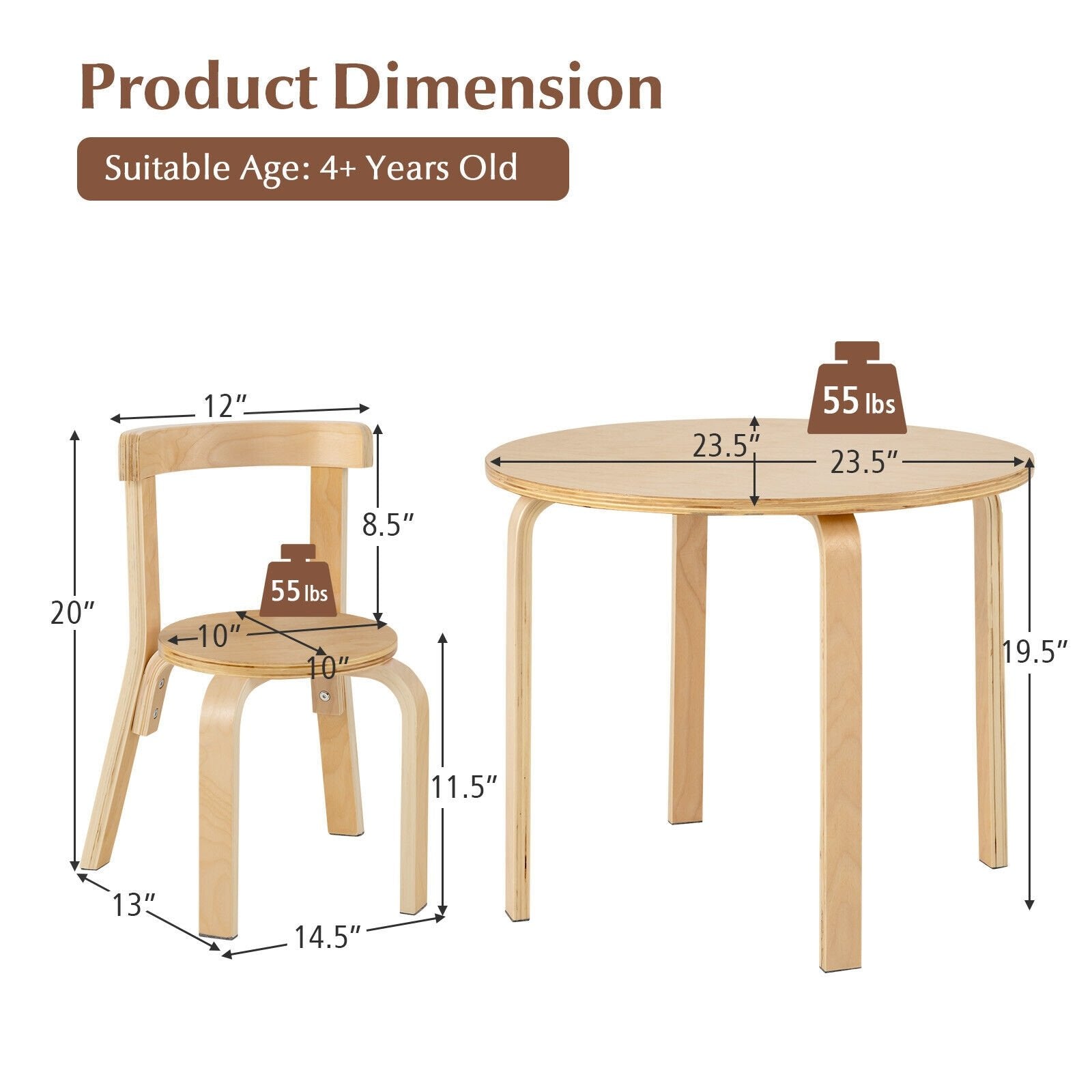 5-Piece Kids Wooden Curved Back Activity Table and Chair Set with Toy Bricks, Natural Kids Table & Chair Sets   at Gallery Canada