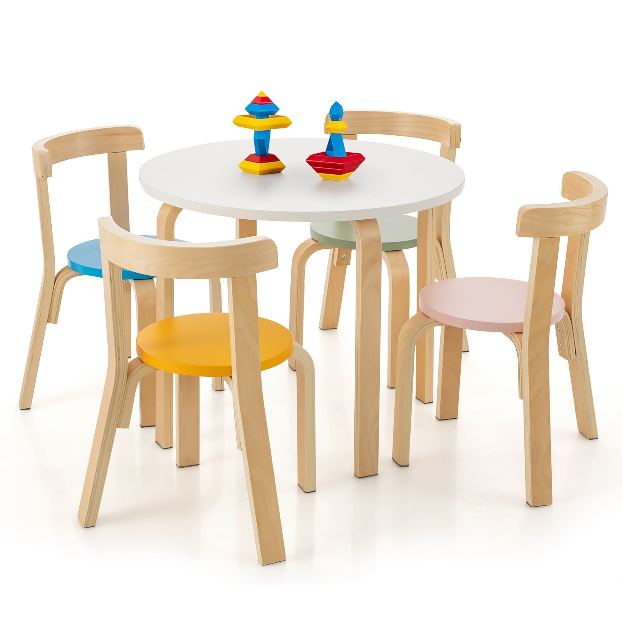 5-Piece Kids Wooden Curved Back Activity Table and Chair Set withToy Bricks, Multicolor Kids Table & Chair Sets   at Gallery Canada