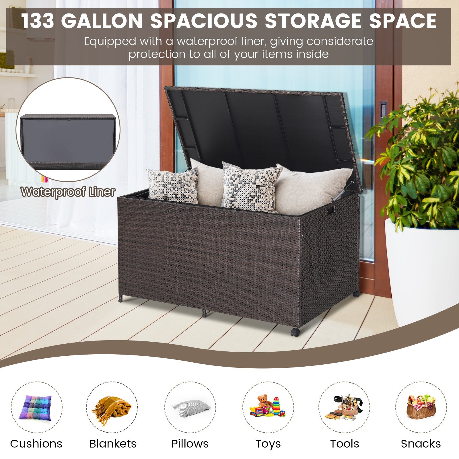 Outdoor Wicker Storage Box with Zippered Liner-133 Gallon, Brown Sheds & Outdoor Storage   at Gallery Canada