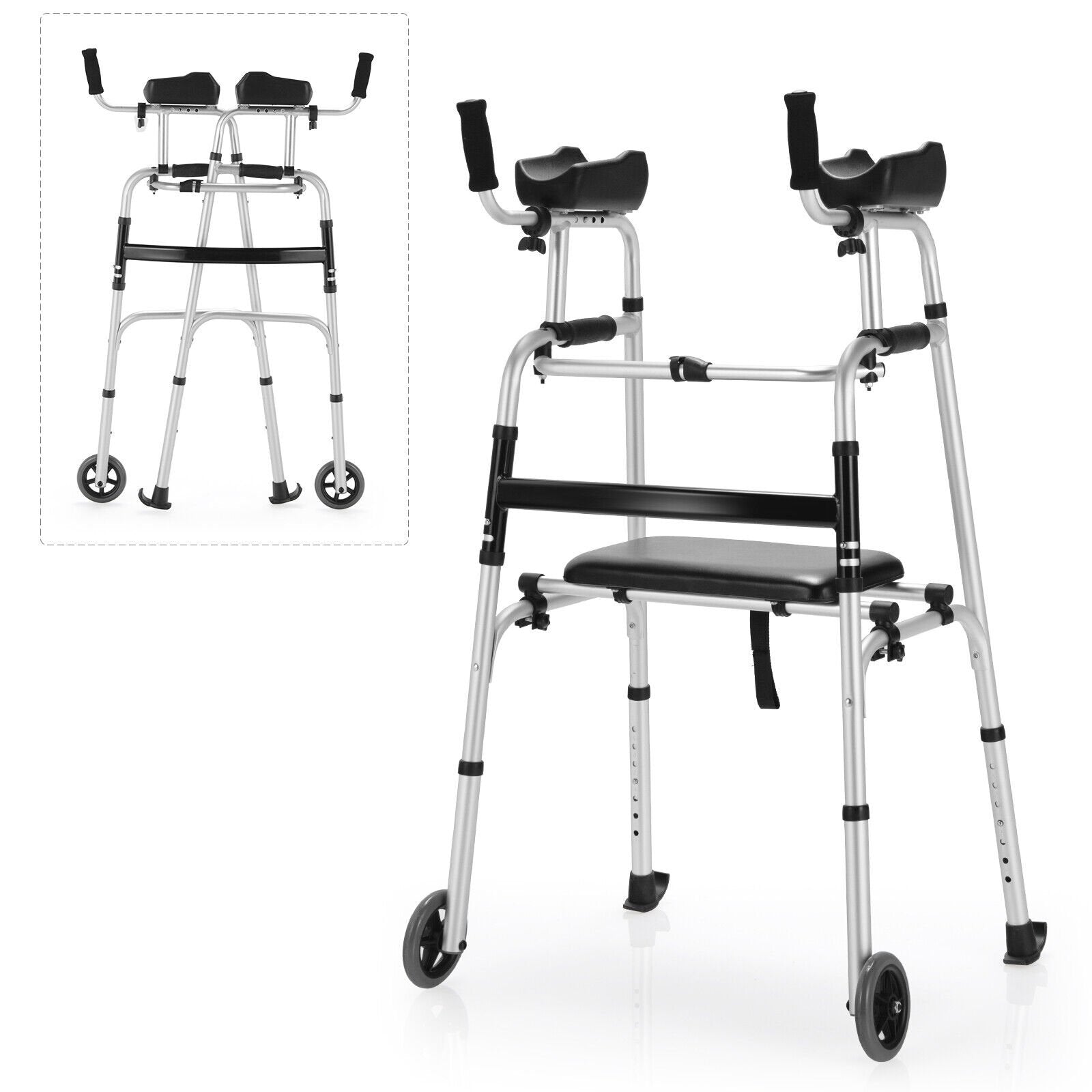 Height Adjustable Rolling Walker With Seat and Armrest Pad, Black & White Walkers & Rollators   at Gallery Canada