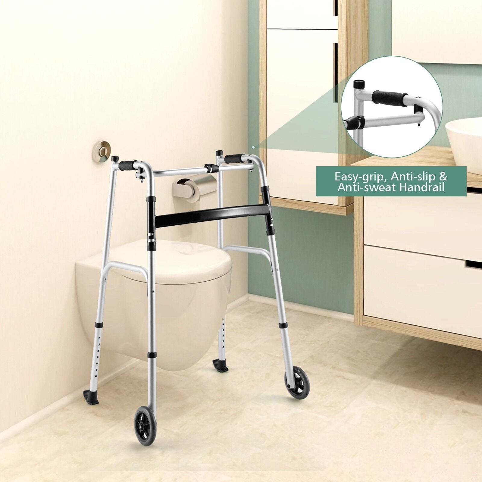 Height Adjustable Rolling Walker With Seat and Armrest Pad, Black & White Walkers & Rollators   at Gallery Canada