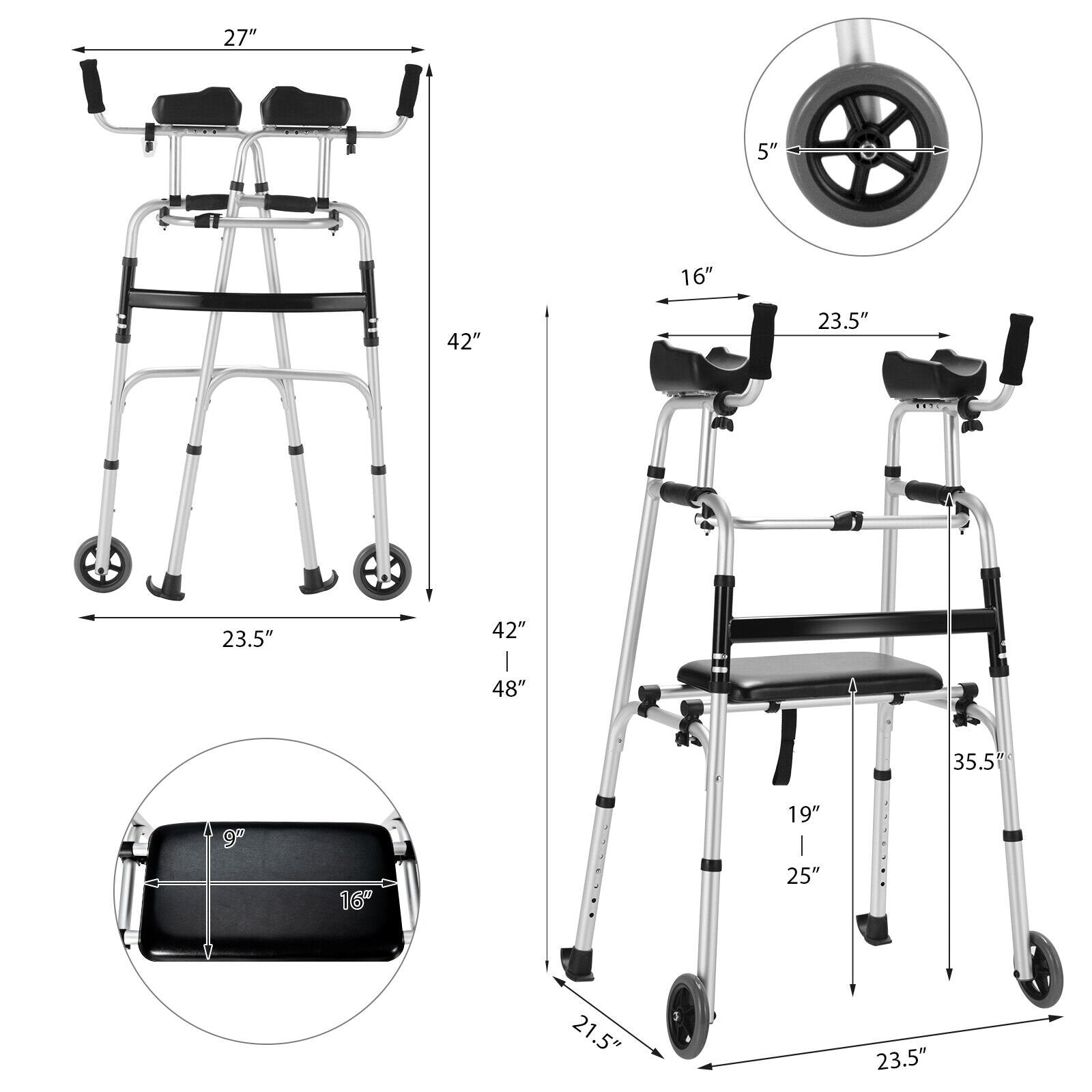 Height Adjustable Rolling Walker With Seat and Armrest Pad, Black & White Walkers & Rollators   at Gallery Canada