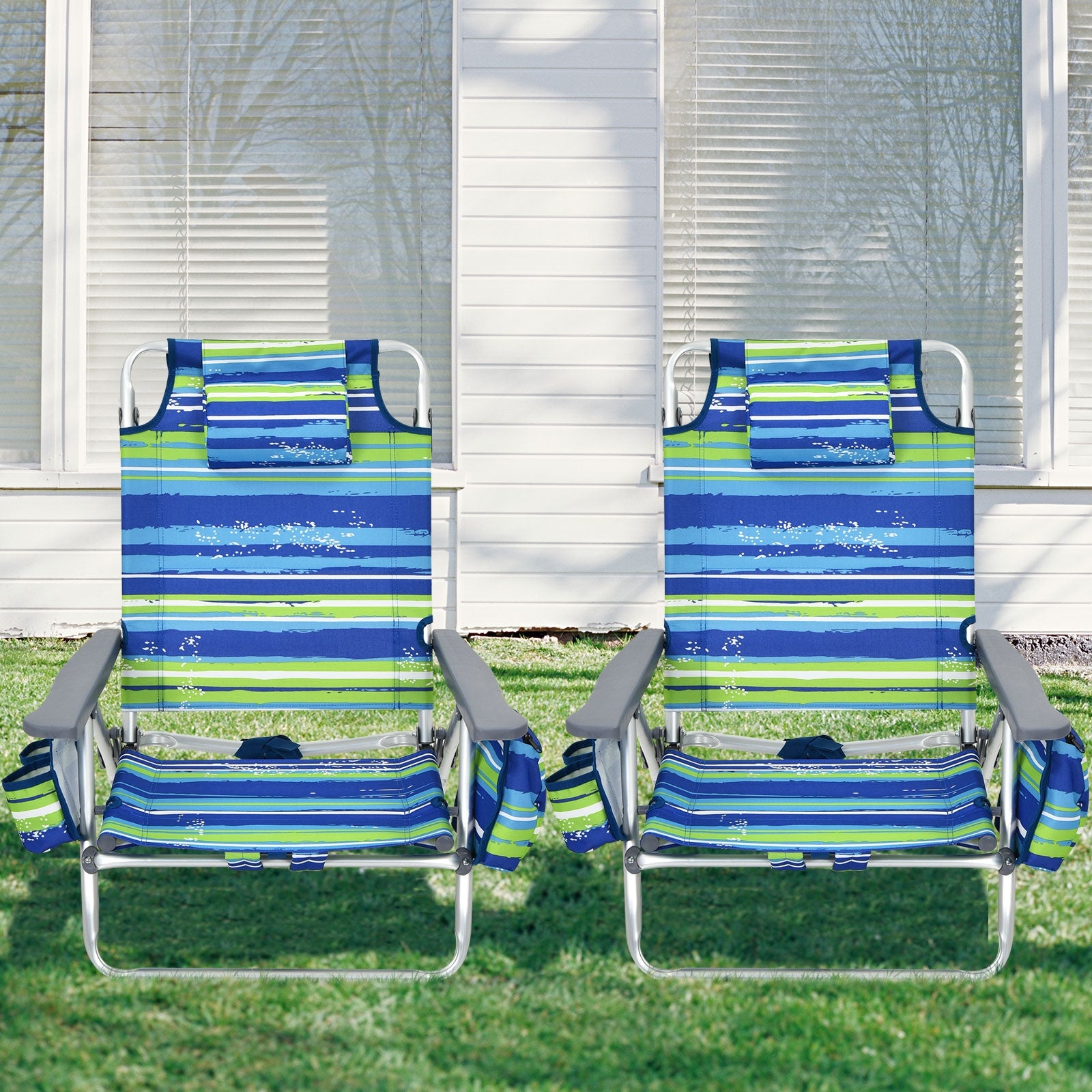 2-Pack Folding Backpack Beach Chair 5-Position Outdoor Reclining Chairs with Pillow, Blue Beach & Lawn Chairs at Gallery Canada