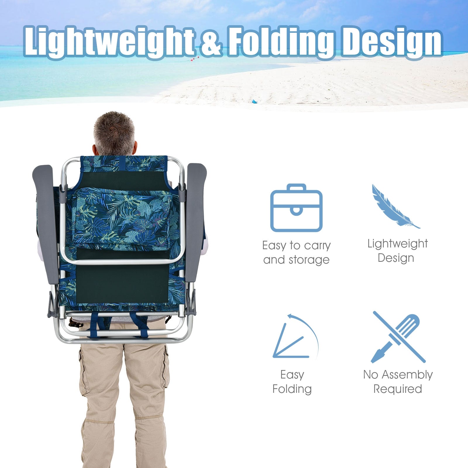 2-Pack Folding Backpack Beach Chair 5-Position Outdoor Reclining Chairs with Pillow, Blue Beach & Lawn Chairs at Gallery Canada