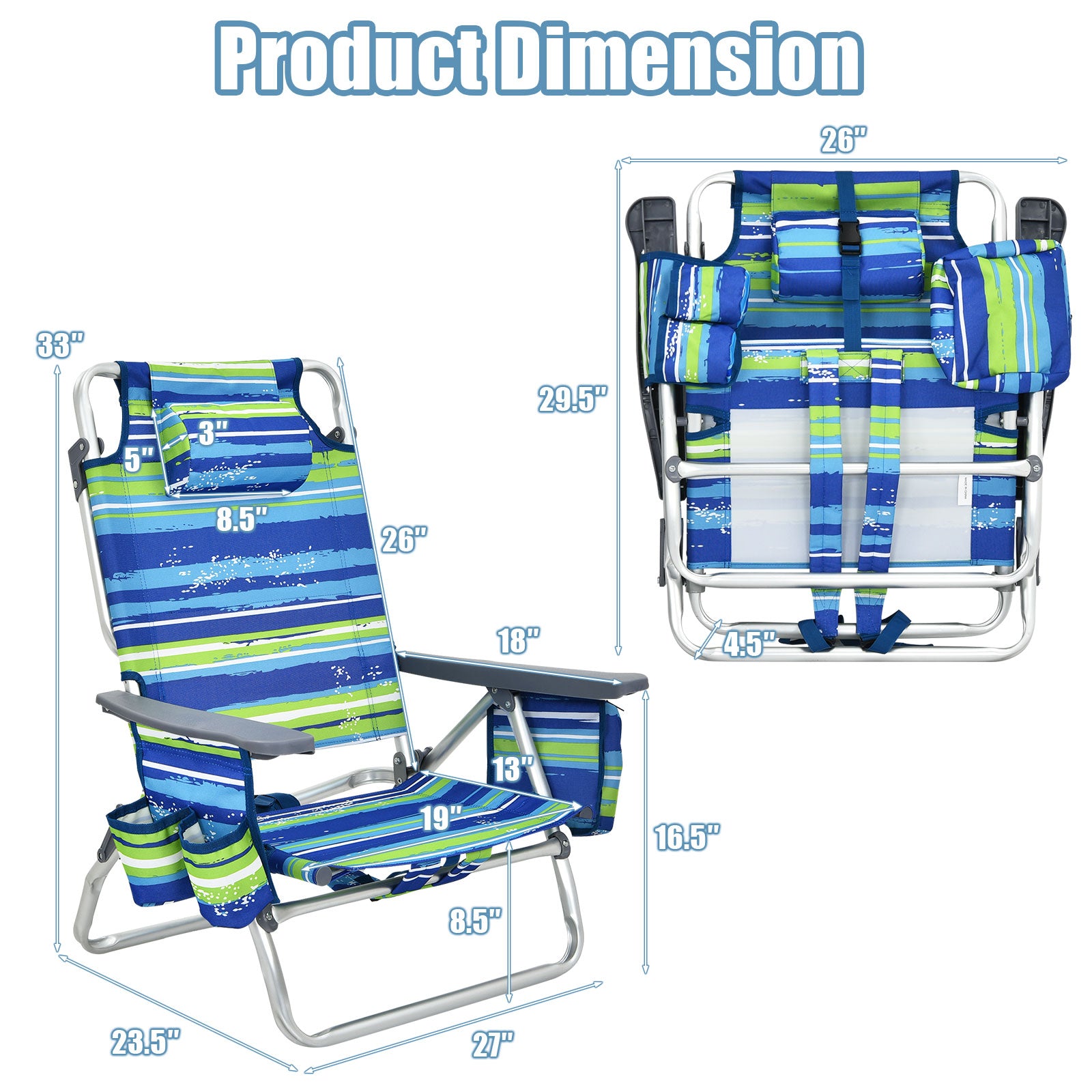 2-Pack Folding Backpack Beach Chair 5-Position Outdoor Reclining Chairs with Pillow, Blue - Gallery Canada