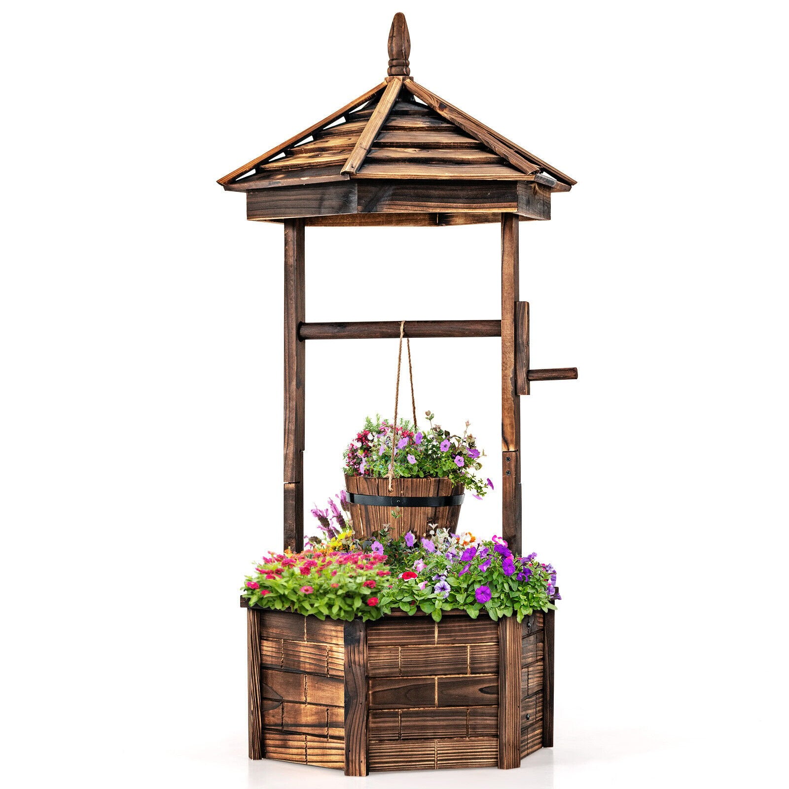 Rustic Wooden Wishing Well with Adjustable Hanging Bucket, Brown Outdoor Decor   at Gallery Canada