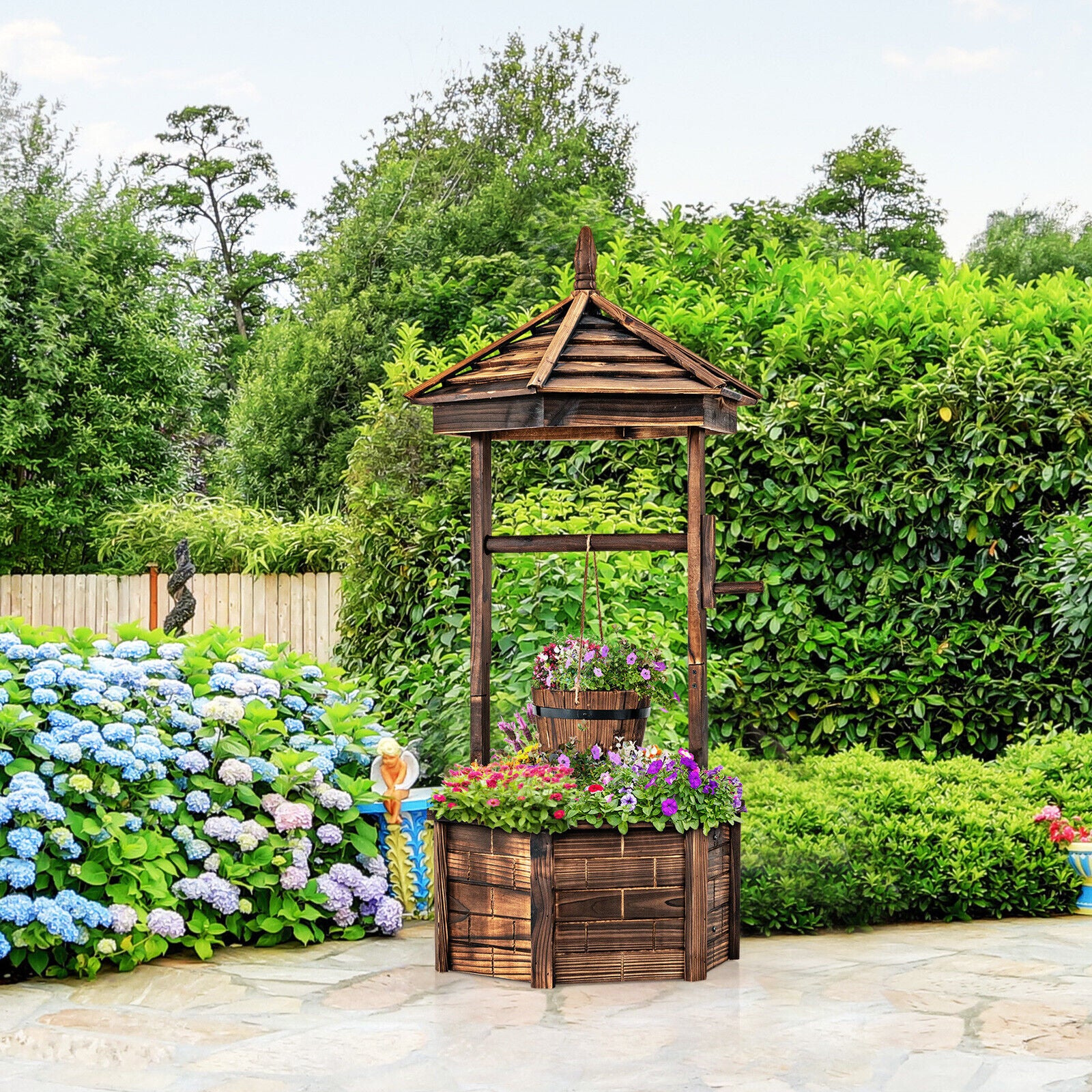 Rustic Wooden Wishing Well with Adjustable Hanging Bucket, Brown Outdoor Decor at Gallery Canada