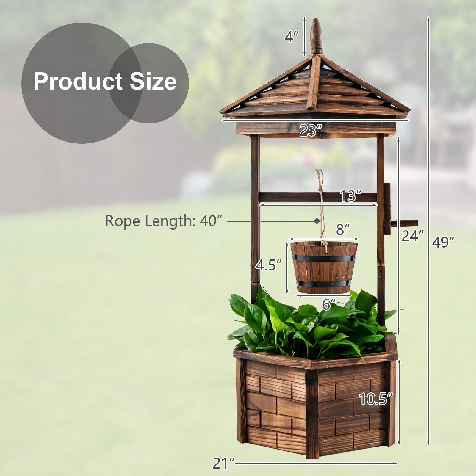 Rustic Wooden Wishing Well with Adjustable Hanging Bucket, Brown Outdoor Decor at Gallery Canada
