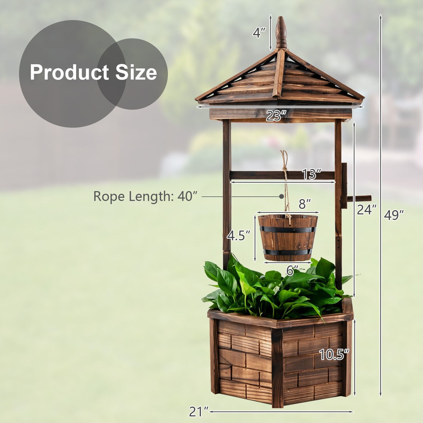 Rustic Wooden Wishing Well with Adjustable Hanging Bucket, Brown Outdoor Decor   at Gallery Canada