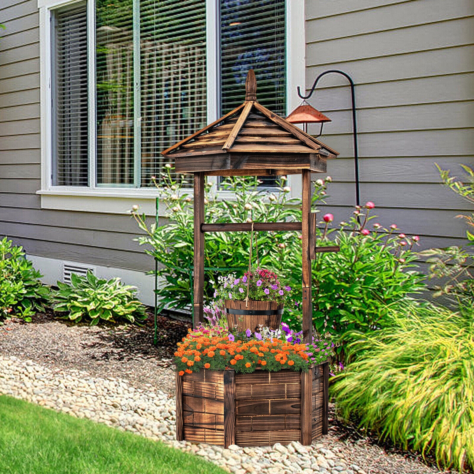 Rustic Wooden Wishing Well with Adjustable Hanging Bucket, Brown Outdoor Decor at Gallery Canada