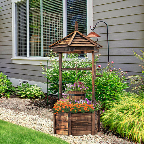 Rustic Wooden Wishing Well with Adjustable Hanging Bucket, Brown