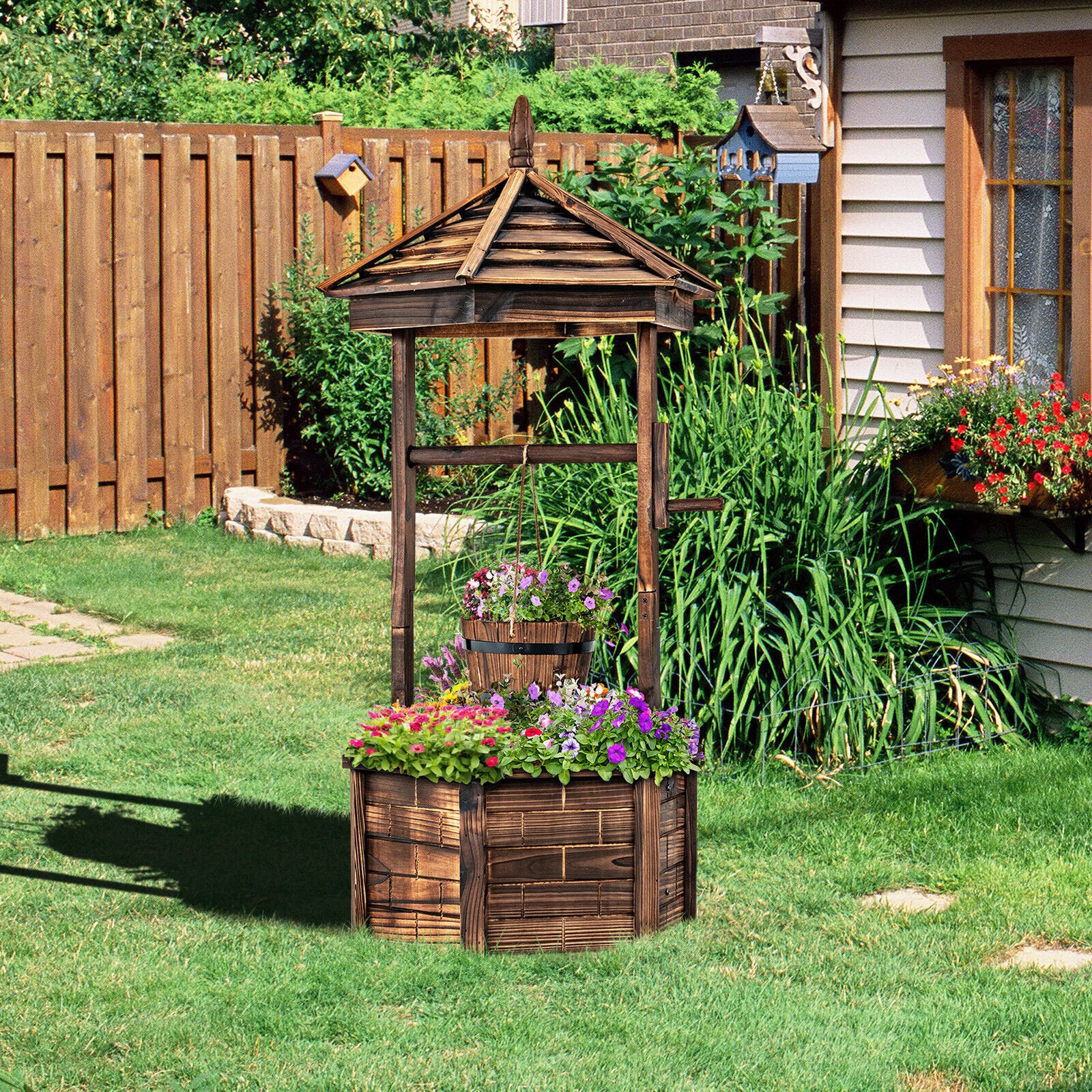 Rustic Wooden Wishing Well with Adjustable Hanging Bucket, Brown Outdoor Decor   at Gallery Canada