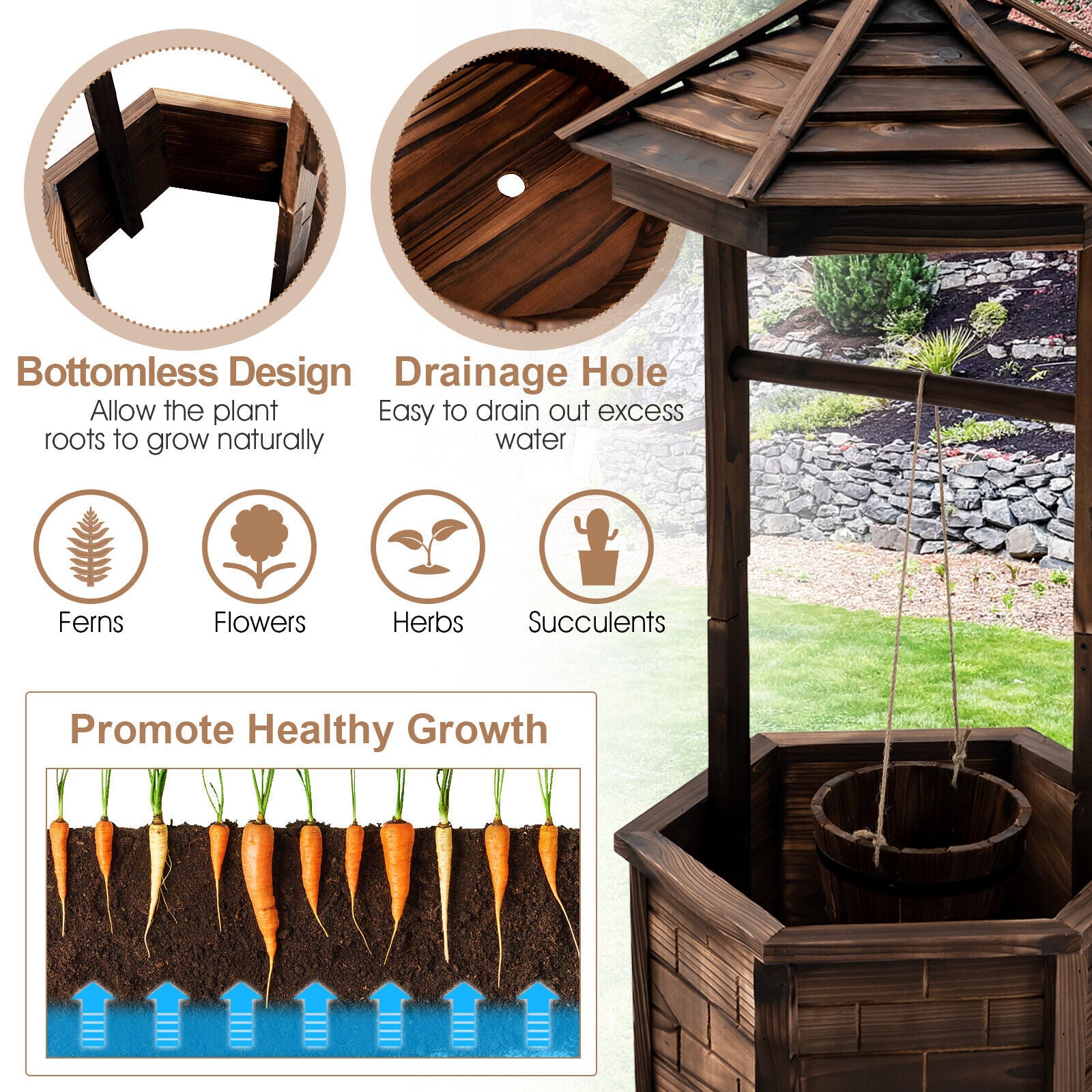 Rustic Wooden Wishing Well with Adjustable Hanging Bucket, Brown Outdoor Decor at Gallery Canada