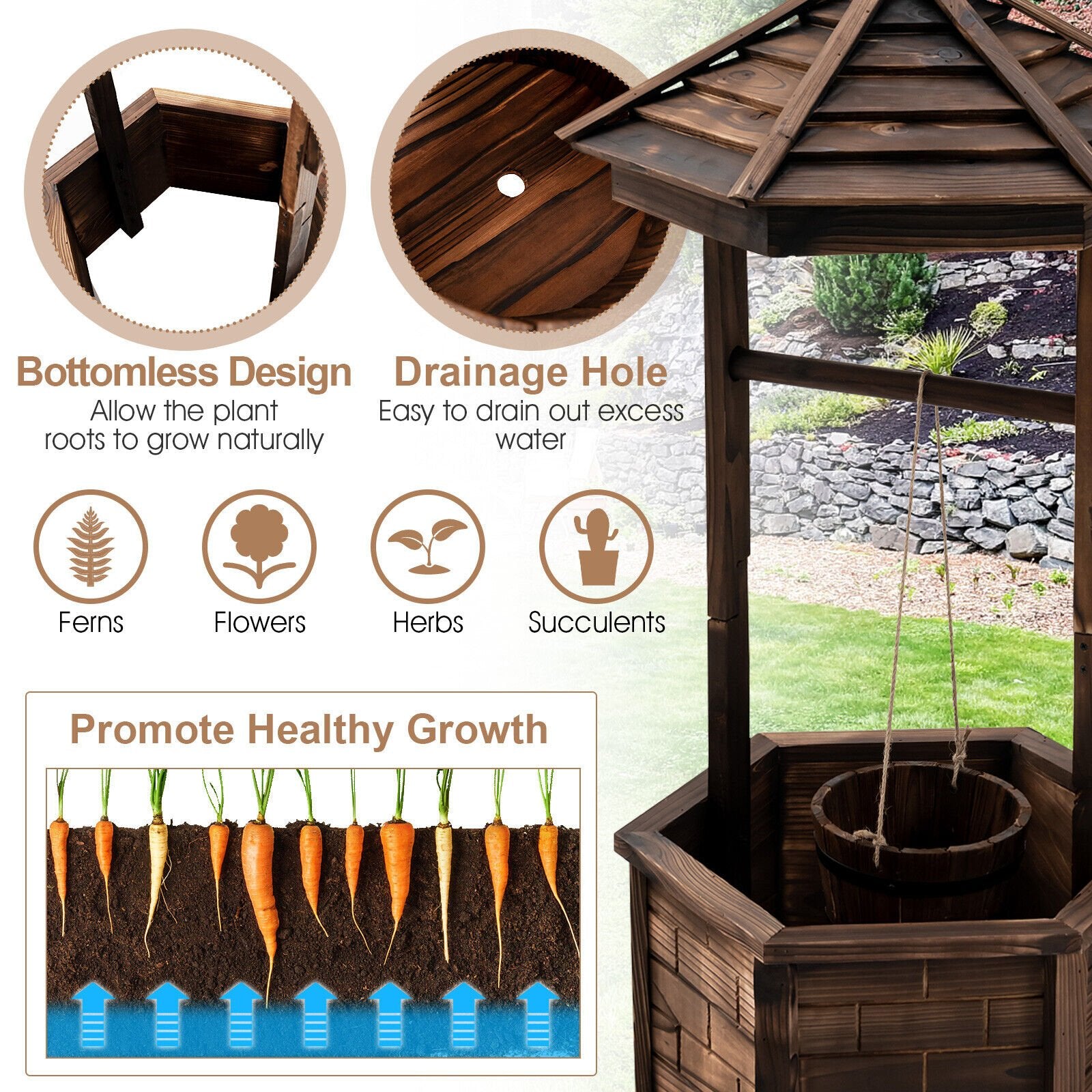 Rustic Wooden Wishing Well with Adjustable Hanging Bucket, Brown Outdoor Decor   at Gallery Canada