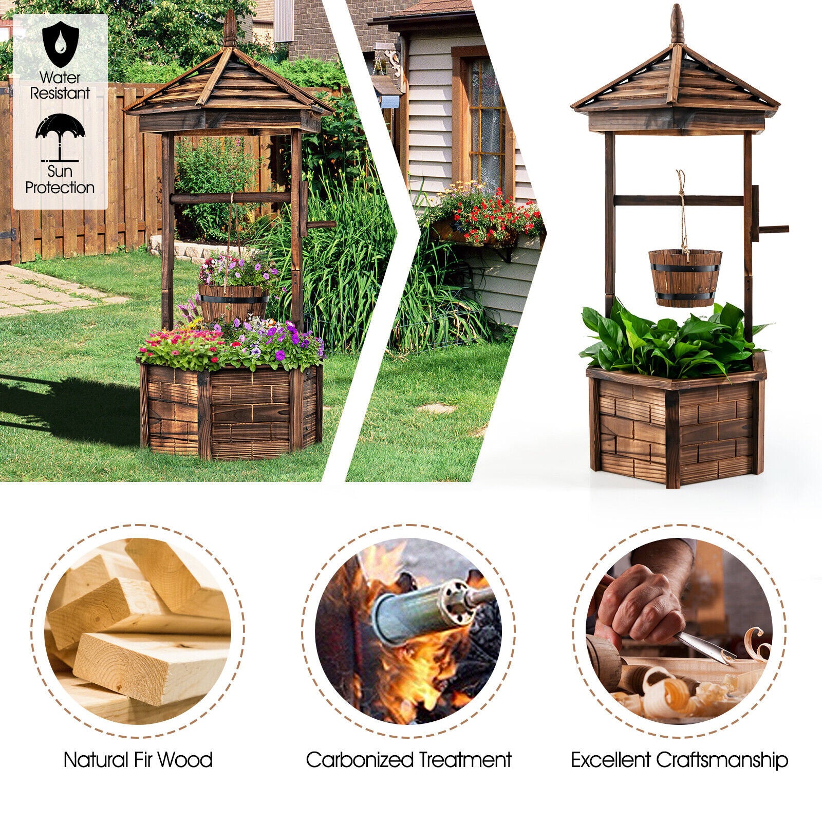 Rustic Wooden Wishing Well with Adjustable Hanging Bucket, Brown Outdoor Decor   at Gallery Canada