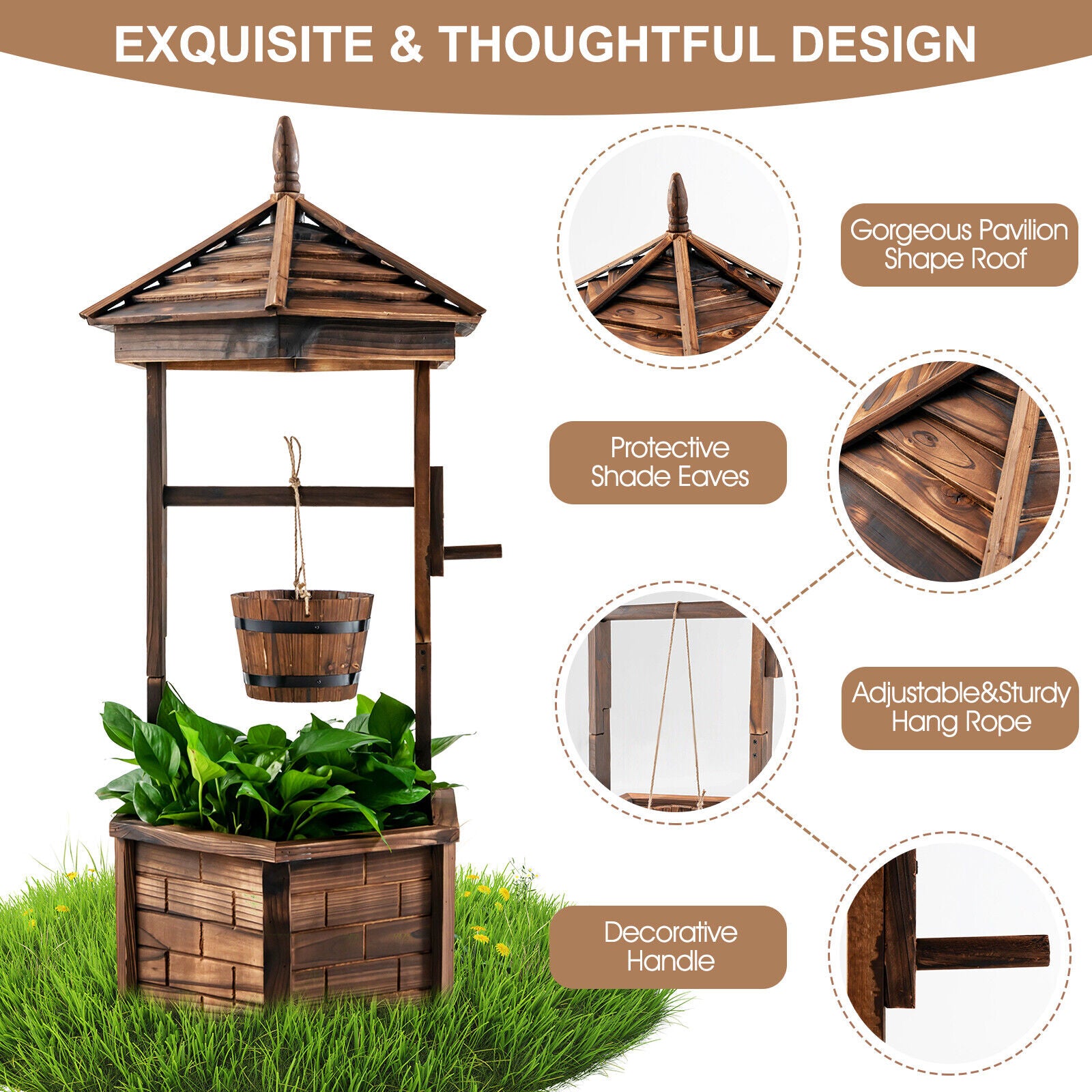 Rustic Wooden Wishing Well with Adjustable Hanging Bucket, Brown Outdoor Decor at Gallery Canada