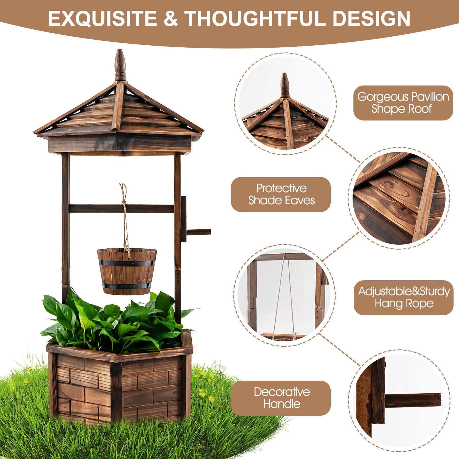 Rustic Wooden Wishing Well with Adjustable Hanging Bucket, Brown Outdoor Decor   at Gallery Canada