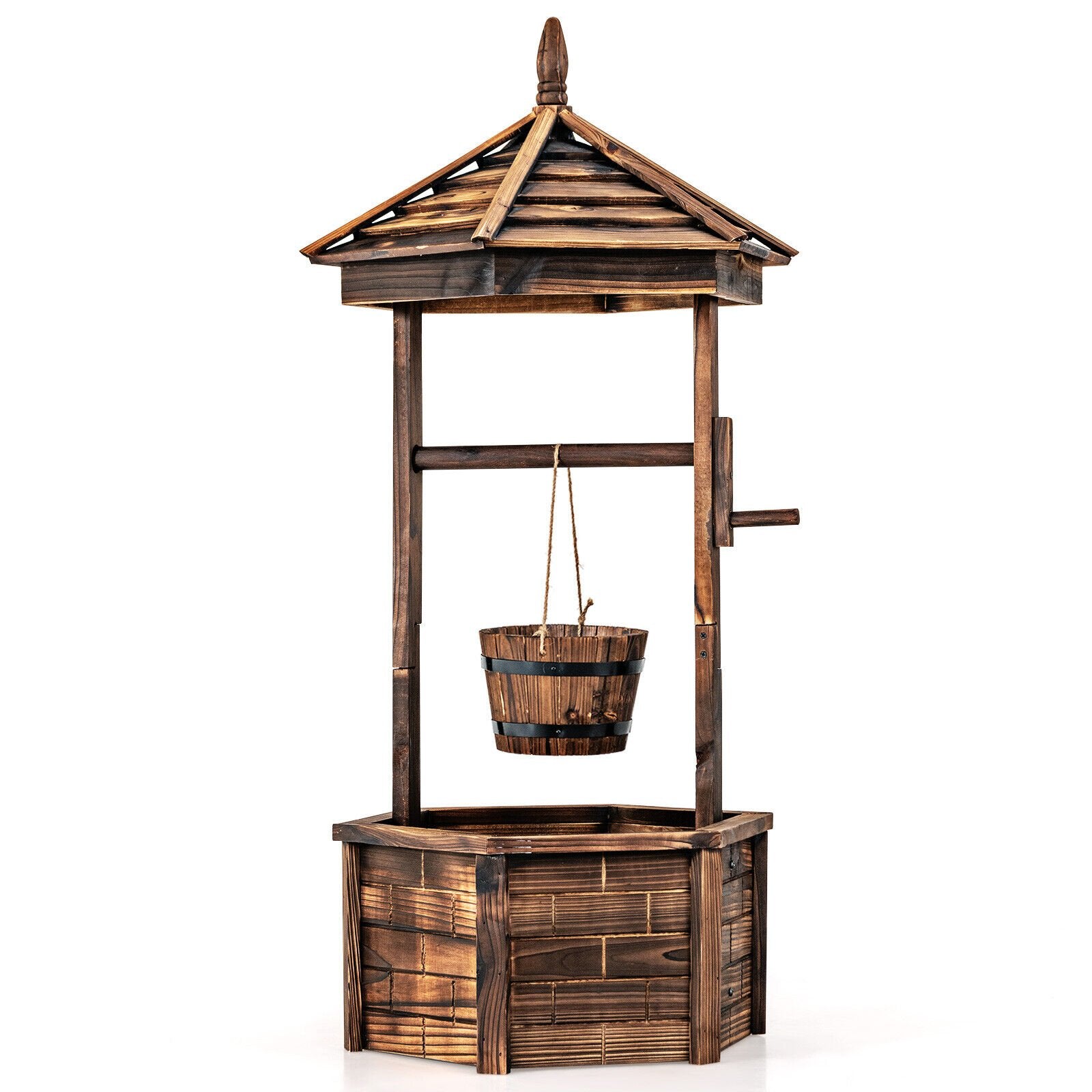 Rustic Wooden Wishing Well with Adjustable Hanging Bucket, Brown Outdoor Decor   at Gallery Canada