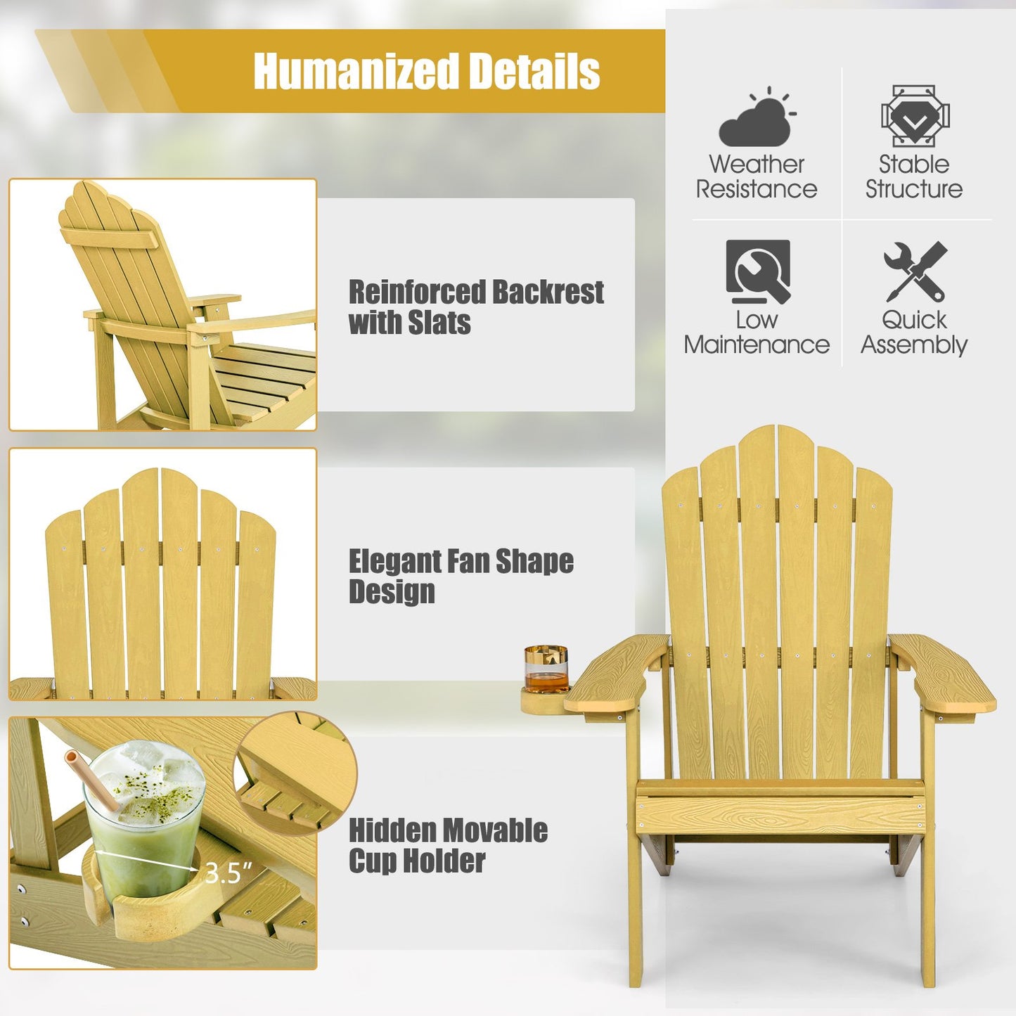 Weather Resistant HIPS Outdoor Adirondack Chair with Cup Holder, Yellow Adirondack Chairs   at Gallery Canada